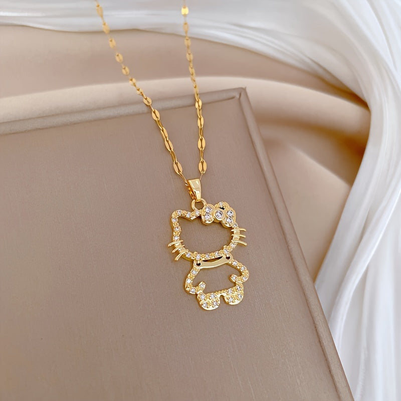 Elegant Sanrio Hello Kitty Golden Pendant Necklace - Chic Stainless Steel with Sparkling Synthetic Gems, Perfect for Weddings & Daily Wear, All-Season Versatile Clavicle Chain